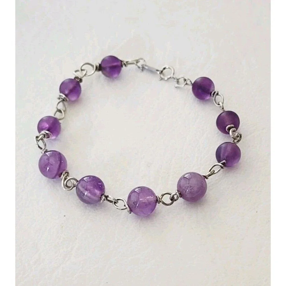 Sterling Silver Amethyst Beaded Chain Bracelet 7 Inches 7.79 Grams Handcrafted
